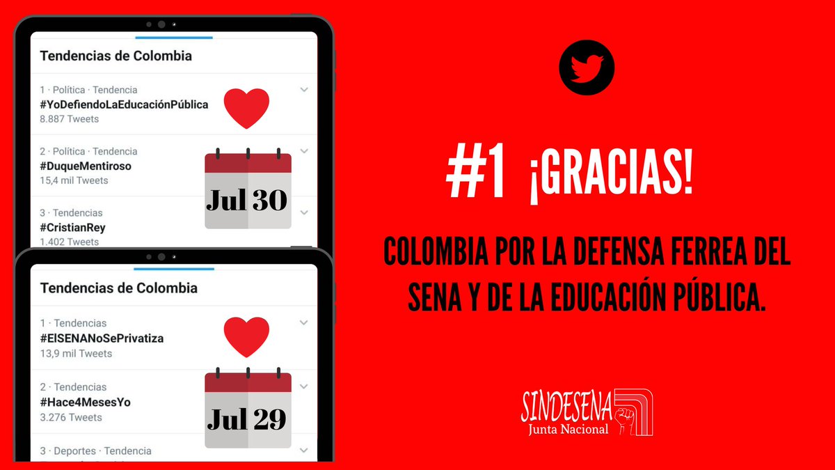 sindesenacol's tweet photo. Gracias a todos los que defienden la educación universal pública como polo del desarrollo en Colombia. 

Dos días seguidos siendo tendencia #1 en Twitter, denunciado las arbitrariedades de @IvanDuque y @EstradaCarlosM. 

#ElSENANoSePrivatiza #YoDefiendoLaEducaciónPública https://t.co/ibrMar6D4u