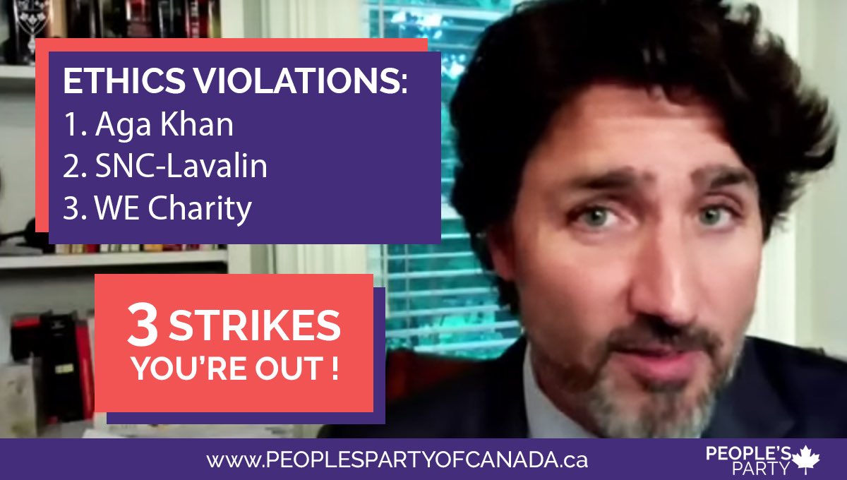 MaximeBernier's tweet photo. 3 strikes, you’re out! 
#WEscandal 
#TrudeauCorruption https://t.co/g1qAc70shg