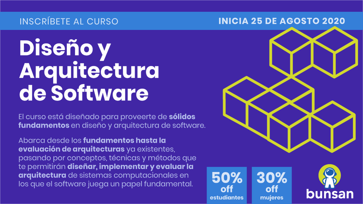 bunsantech's tweet photo. Inscríbete al curso "Diseño y arquitectura de Software" impartido por @MachinesAreUs, quien desde 2010 imparte este curso, el cual está refinado y actualizado para el 2020. Deja tus datos para recibir información: https://t.co/3LQ9CyzJsL
#CursoSoftware #BunsanTech #Tech https://t.co/PFI6X64CW9