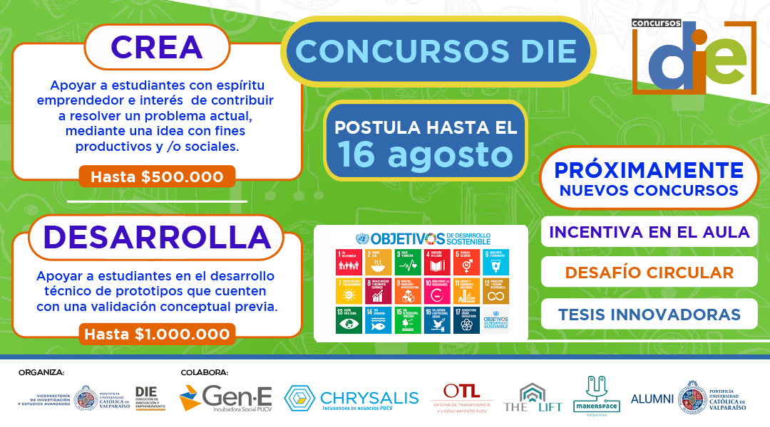 DIE_PUCV's tweet photo. 🔴ATENCIÓN #COMUNIDADPUCV Y #CFTPUCV
Ya están abiertos los #ConcursosDIE2020 que financian proyectos de innovación y emprendimiento de estudiantes de pre y postgrados de la @pucv_cl, de #alumnipucv y alumnos del @cftpucv
Conoce más detalles en👉https://t.co/l2J0Jh1Lxz https://t.co/K6b20aMoJq
