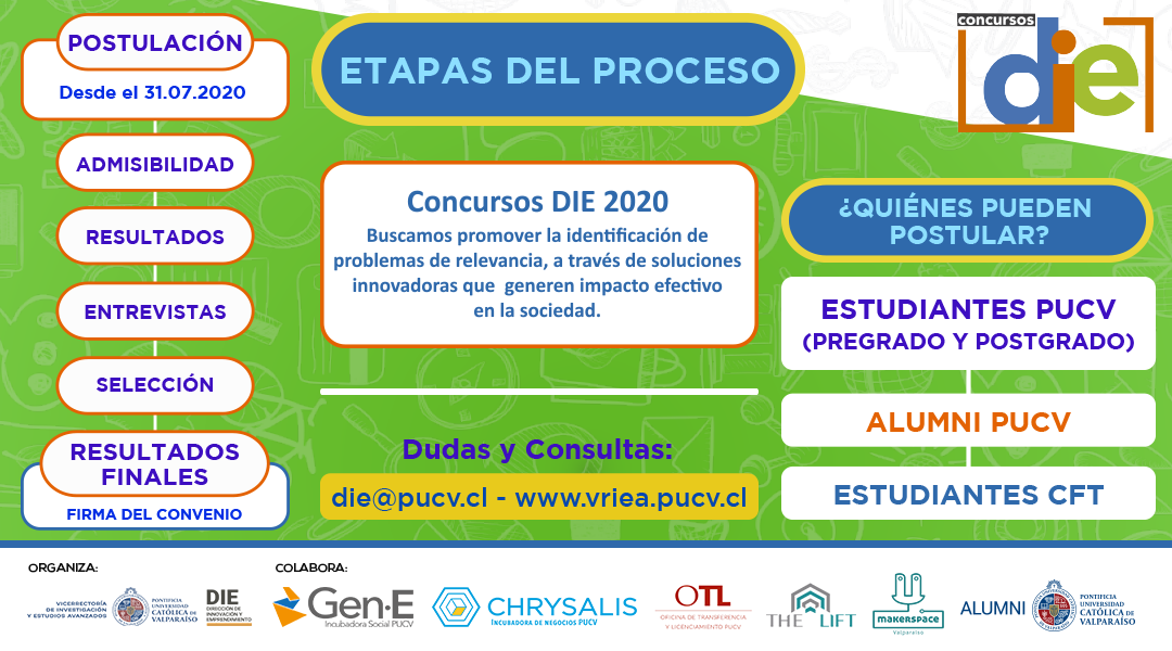 DIE_PUCV's tweet photo. 🔴ATENCIÓN #COMUNIDADPUCV Y #CFTPUCV
Ya están abiertos los #ConcursosDIE2020 que financian proyectos de innovación y emprendimiento de estudiantes de pre y postgrados de la @pucv_cl, de #alumnipucv y alumnos del @cftpucv
Conoce más detalles en👉https://t.co/l2J0Jh1Lxz https://t.co/K6b20aMoJq