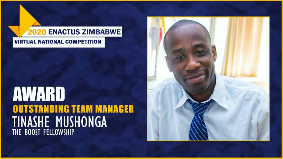BOOSTFellowship's tweet photo. Congratulations to @MushongaTinashe
For the OUTSTANDING TEAM MANAGER! 

Outstanding Team Manager Award:  This individual managed to pull the strings across all teams to ensure that the Enactus National Competition is a success :Tinashe Mushonga. #BOOSTEnactus2020 #WeAllWin https://t.co/eeJ3WhJvpr
