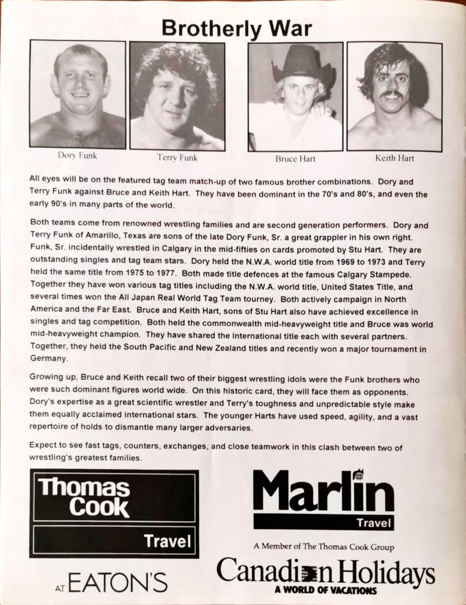 Last few pages of the program, taking about a match that wouldn’t happen - Bruce was originally supposed to team with his brother Keith against the Funk Brothers, but it was changed to reunite Bruce and Brian Pillman as the team of Bad Company.