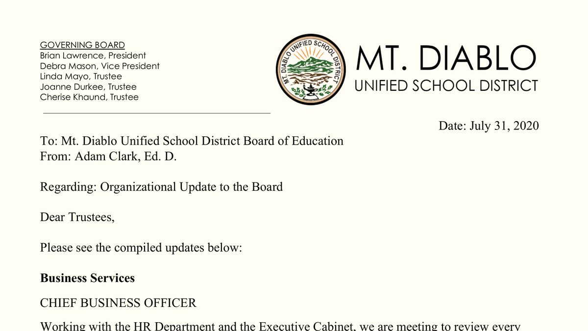Superintendent <a href="/mraclark29/">Dr. Adam Clark</a> introduces a weekly Organizational Update to the Board. Find the first published here: mdusd.org/superintendent