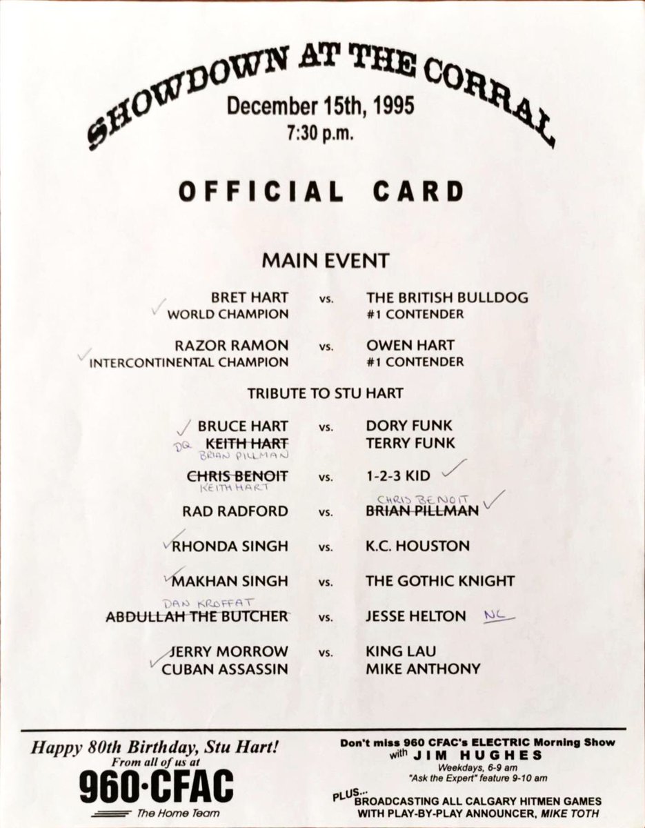 The original card had a number of matches that were changed- including the previously mentioned tag team match. Dan Kroffat replacing Abdullah the Butcher against Jesse Helton, Chris Benoit replacing Pillman against Rad Redford and Keith Hart taking Benoit’s place against 123Kid.