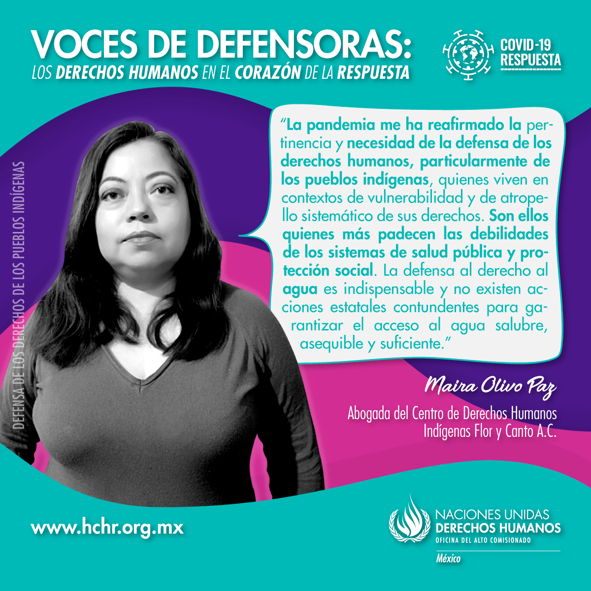 ONUDHmexico's tweet photo. Maira Olivo, abogada del Centro de Derechos Humanos Indígenas @FloryCantoAC, alza la voz en defensa de los #DDHH de los pueblos indígenas, quienes viven en contextos de vulnerabilidad y padecen las debilidades de los sistemas de salud pública.
#VocesDeDefensoras #ONUMxCovid19 https://t.co/o2yvHthuhs