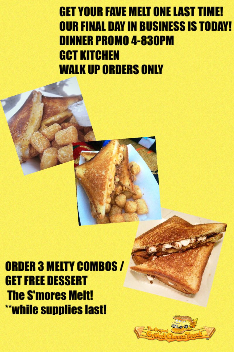 LAST CHANCE TO GET A MELT! HAVE DINNER AND DESSERT TONIGHT GCT KITCHEN STAYS OPEN TIL 830PM! ORDER 3 MELTY COMBOS and GET a FREE S’mores Melt! 
7029 Canby Ave RESEDA
.
.
THANK YOU FOR 10 AMAZING YEARS!