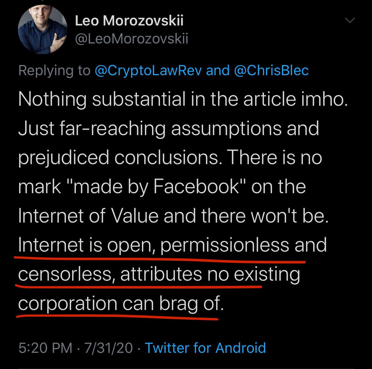 CryptoLawRev's tweet image. There’s a reason why ur exalting an “open, permissionless &amp;amp; censorless [Internet]” that “no existing corporation can brag of” ...

     on TWITTER

which, itself, is *PARTIALLY* built on open, permissionless, censorless stacks.

Until u ID👆🏽reason, Internet of Value is 
fragile!!
