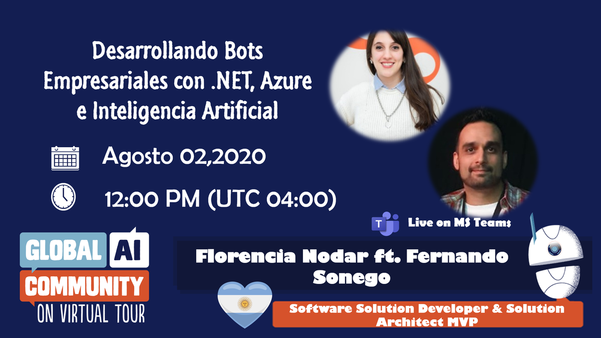 FernandoSonego's tweet photo. 📢📢 Este Domingo 2, Global AI On Virtual Tour Bolivia (Online). Estaremos con @Nodar_Flor hablaremos de desarrollo de bots empresariales. No te lo pierdas! 🤖🤖
Registro: https://t.co/3iRxcoWJWk
#GlobalAIOnTour #GlobalAIOnTourBolivia #MVPBuzz https://t.co/h24IcksSuS