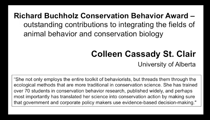 ConservBehavior's tweet photo. Congratulations to Colleen Cassady St. Clair, winner of the first annual Richard Buchholz Conservation Behavior Award for her outstanding contributions to the integrative field of Conservation Behavior!! #ABS2020 @AnimBehSociety https://t.co/Lt5fQbWMPA