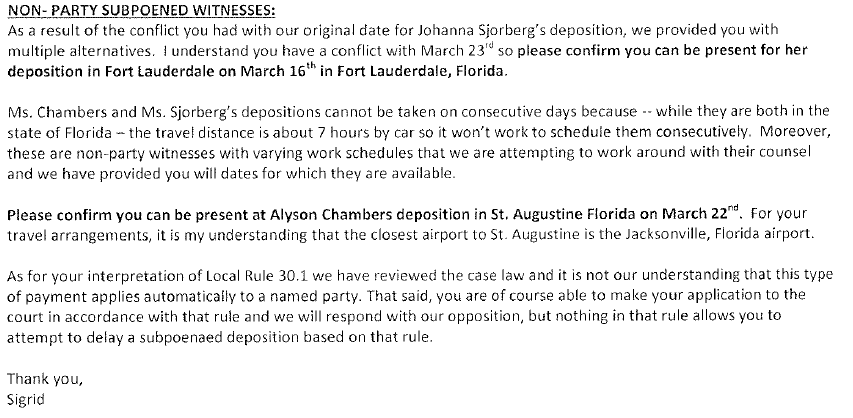 It looks like two non-party witness depositions from Johanna Sjorberg and Alyson Chambers are mentioned on 577.