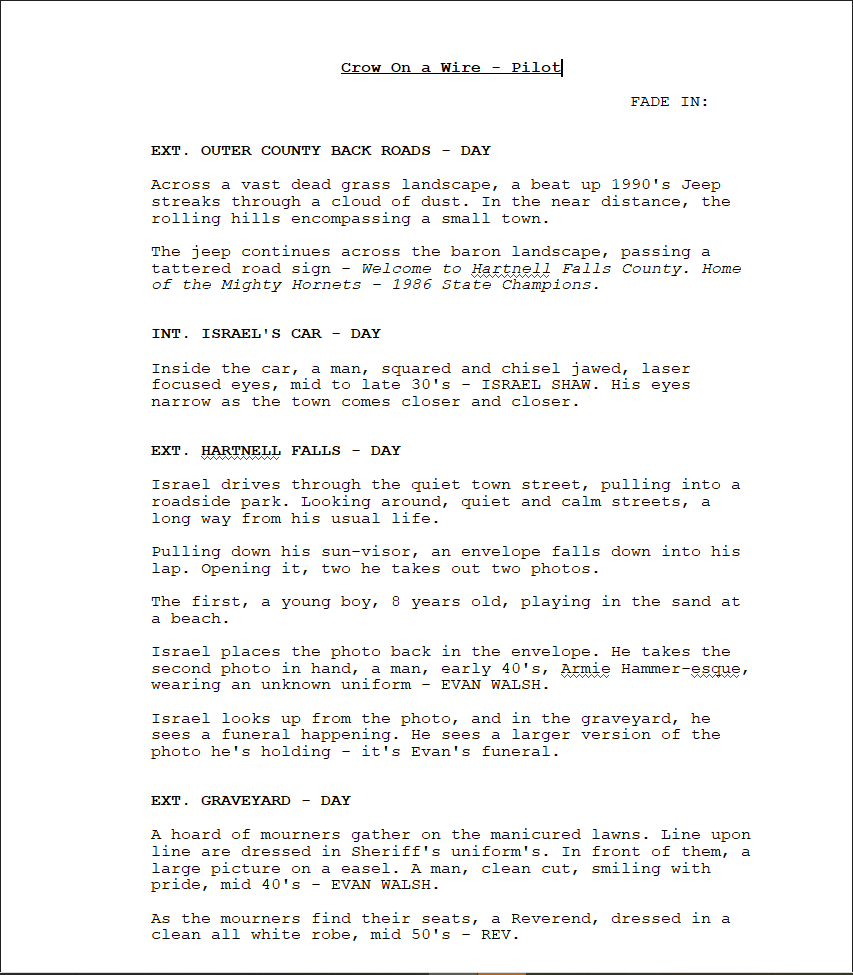JoshTFox__'s tweet photo. A good a time as any (late, I know) to get in on the #FirstPageChallenge for @ScriptPipeline.
"Crow on A Wire" a western-crime drama WIP. https://t.co/XtekE0MeBs