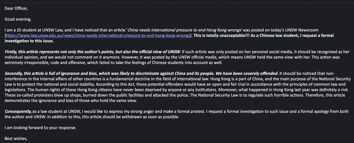 An unacceptable disgrace. @UNSW deletes tweet of an article about  #HongKong human rights abuse by  @PearsonElaine , AUS director of  @hrw, over pressure from Chinese nationalists who r mobilized by Chinese app  #Wechat (Weixin) and email Chinese consolate for “help” from Australia