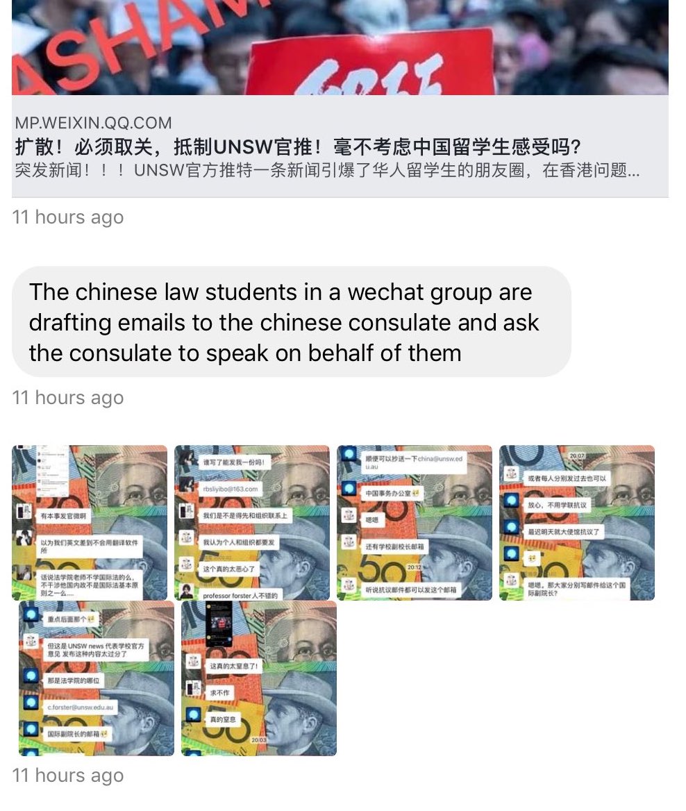 An unacceptable disgrace. @UNSW deletes tweet of an article about  #HongKong human rights abuse by  @PearsonElaine , AUS director of  @hrw, over pressure from Chinese nationalists who r mobilized by Chinese app  #Wechat (Weixin) and email Chinese consolate for “help” from Australia