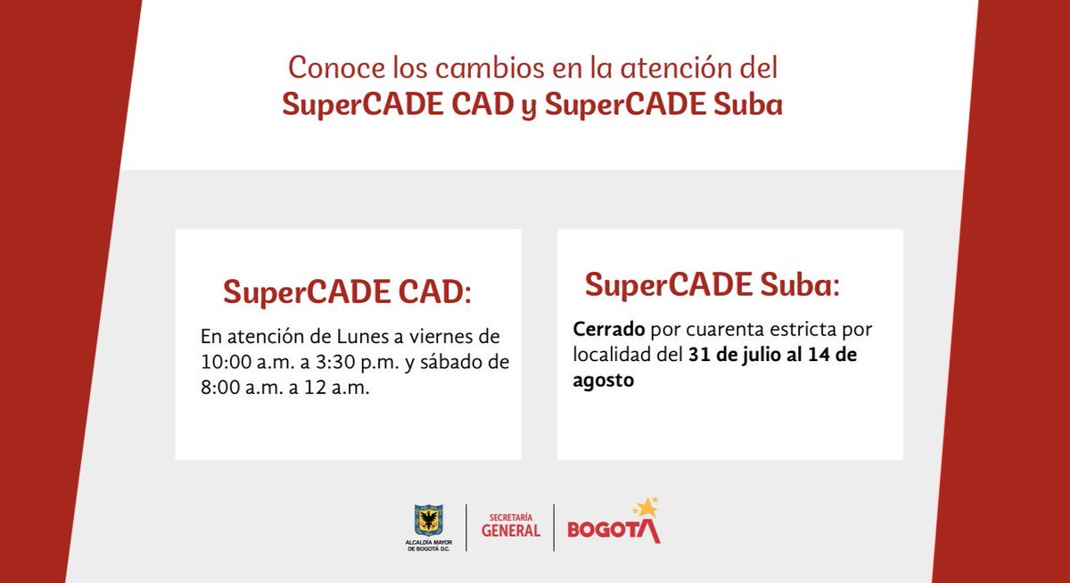 SecGeneralBog's tweet photo. Recuerda que por motivo de la cuarentena por localidades el SuperCADE Suba estará cerrado hasta el próximo 14 de agosto.
Para realizar trámites y servicios puedes acceder a #SuperCADEVirtual o acercarte al SuperCADE CAD en los horarios establecidos. https://t.co/1T8IVJgBgq