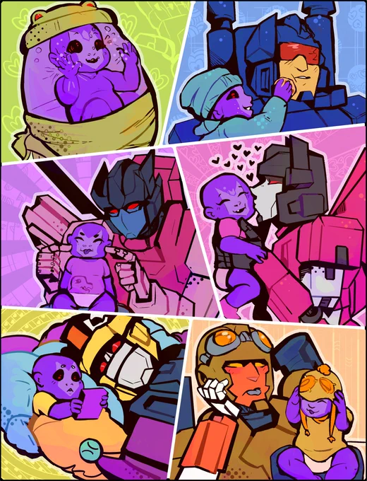 The first pieces I made for zines, of course my pick was the best Deception teams, the Scavengers and their purple egg baby, Connie.

#maccadam #transformersfanart #tffanart 