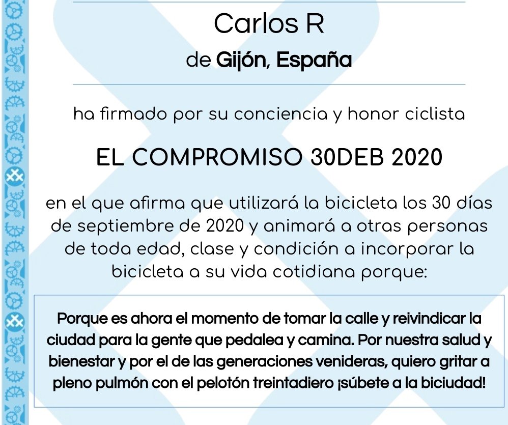 RetoCarlos's tweet photo. Acabo de hacer #elcompromiso de @30diasenbici. Y el diploma... ¿Mola o no? https://t.co/3d9kNpMNFK