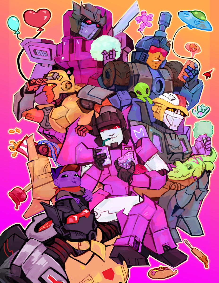 The first pieces I made for zines, of course my pick was the best Deception teams, the Scavengers and their purple egg baby, Connie.

#maccadam #transformersfanart #tffanart 