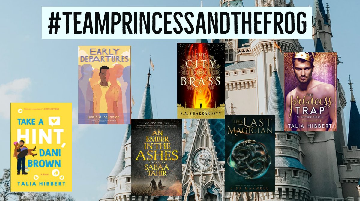 ReadandGiggles's tweet photo. I've decided to participate in @disneyreadathon I am #TeamPrincessandTheFrog 
Tiana: Take a Hint, Dani Brown
Princess Naveen: The Princess Trap
Dr. Faciliar: The Last Magician
Ray: Early Departures
Charlie: Group: An Ember in the Ashes
Mama Odie: City of Brass (Belle) https://t.co/pJ2JFVsvkL