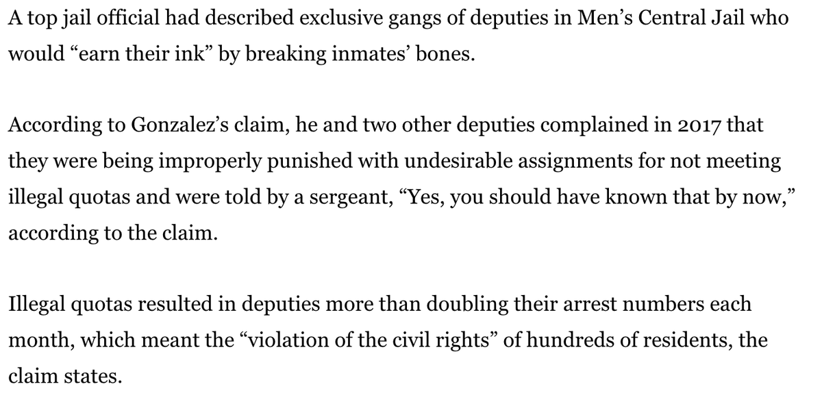 Just your average police organization that operates the LA County jails like the Hanoi Hilton and harasses its citizenry with unlawful arrests and fatal assaults for their own sociopathic amusement. The LASD isn't a few bad apples, it's a terrorist organization.