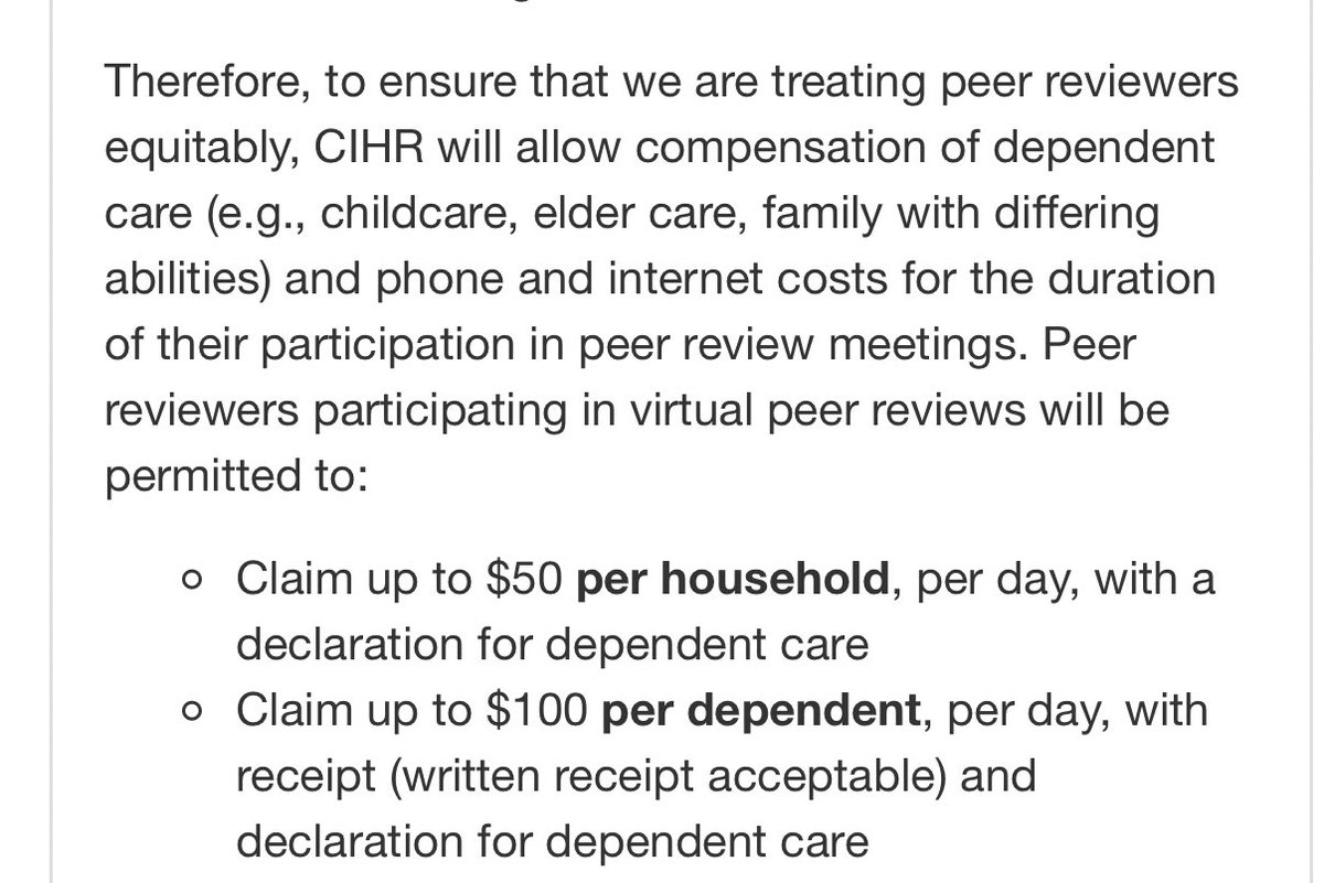 That’s right! You asked and we listened. 🎉

<a href="/CIHR_IRSC/">CIHR</a> is providing peer reviewers with support for child care costs! 👶🏻👧🏽🧒🏻👦🏽👩🏻‍💻👨🏽‍💻
 
More details at: cihr-irsc.gc.ca/e/51947.html#f…

<a href="/CIHR_IHDCYH/">CIHR-IHDCYH</a>