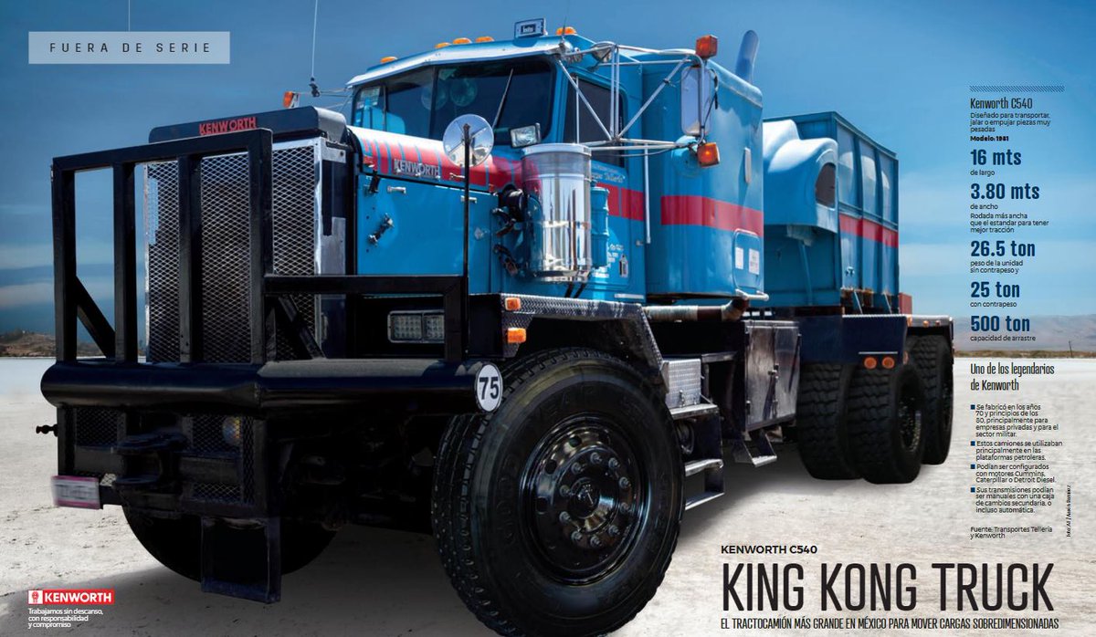 Flotillera's tweet photo. Este @KenworthMexico #C540 mide 16 metros de largo y pesa 26.5 toneladas, lo que lo hace un #FueraDeSerie 👌

Hecho para el ejercito, hoy trabaja para @TRANSTELL arrastrando 500 toneladas de voluminosos 🚛💪😎 https://t.co/VI83GTulXL