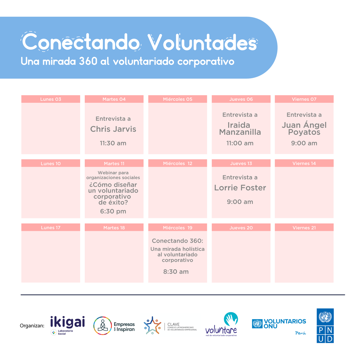 CLAVELATAM's tweet photo. Del 4 al 27 de agosto participa en Conectando Voluntades: Una Mirada 360 al Voluntariado Corporativo. Abordaremos temas de interés para el voluntariado corporativo desde diversas perspectivas. Inscripciones aquí: https://t.co/N9Lom6v7Ju ¡No te lo pierdas! https://t.co/5SpAtyj7Q2
