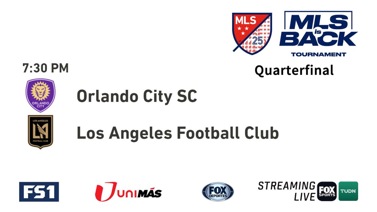 MikeylitoMLS's tweet photo. Watching:  #MLSisBack Tournament - Knockout Stage
Quarterfinal: @OrlandoCitySC vs @LAFC 
via @FS1 / @UniMas / @FOXDeportes / #FOXSportsApp / #TUDNApp 
#ORLvLAFC #ORLLAFC 
@MLS @MLSes @FOXSoccer https://t.co/fYSIZQRIBA