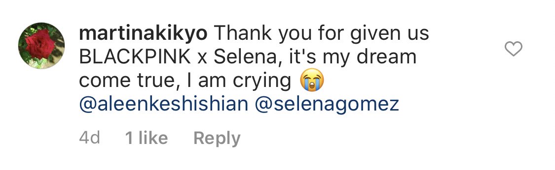 Update: Somebody left this comment about Selena and BLACKPINK under Aleen’s IG post (Selena’s manager). Not sure if she is confirming but her manager did like the comment.
