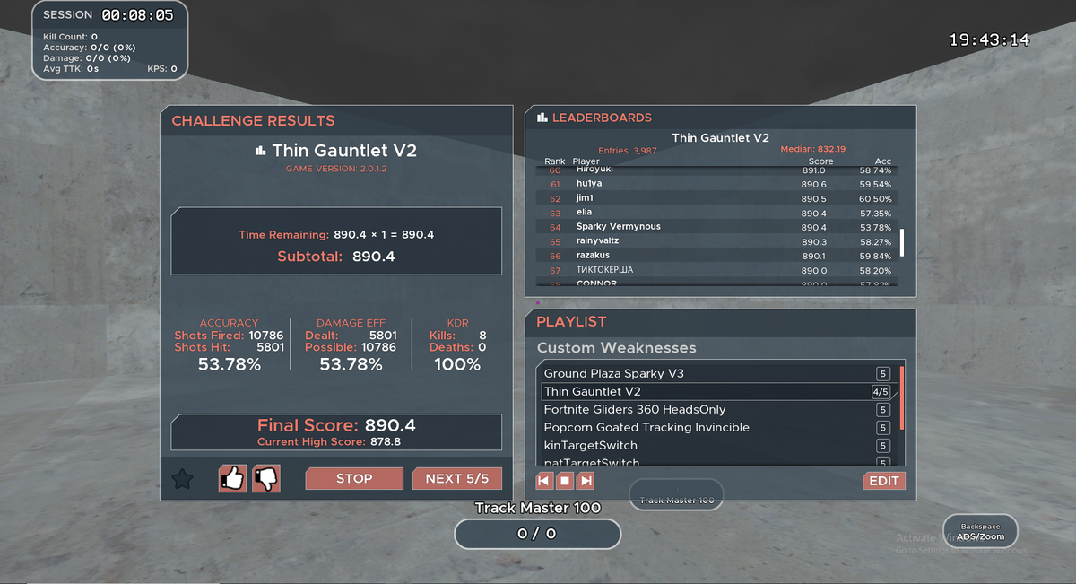 Vermynous's tweet image. Beat last Thin Gauntlet v2 score by over 10 seconds. 4 Master tracking scores now.