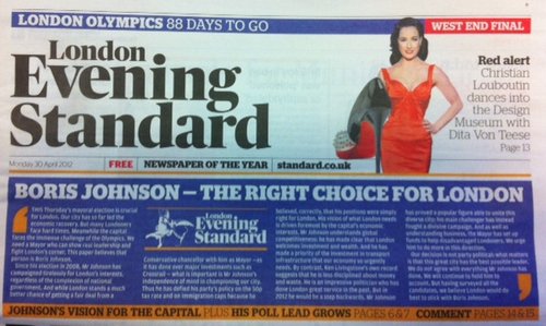 When Johnson narrowly won re-election over Ken Livingstone in 2012, it was aided by an unusual front page Evening Standard editorial urging voters to back the “right choice for London”.