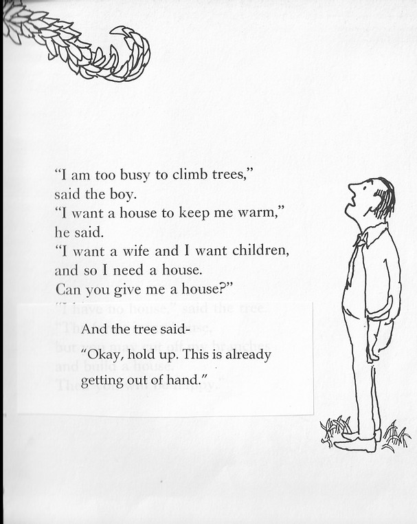 In "The Tree Who Set Healthy Boundaries,"  @topherpayne rewrites the ending of "Giving Tree" to unpick the expert, Silversteinien knot of shitty ideas tied so well that you can easily miss them. https://www.topherpayne.com/giving-tree 3/