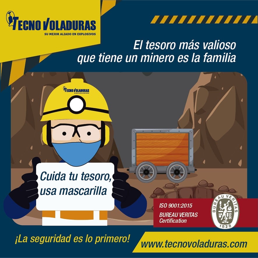 Tecnovoladurass's tweet photo. El tesoro más valioso que tenemos los  mineros 👷‍♀️👷‍♂️ es nuestra familia.

Cuídate y utiliza mascarilla 😷

¡La seguridad es lo primero!

#ExplosivosResponsables💥 https://t.co/K1FhmuJQgU