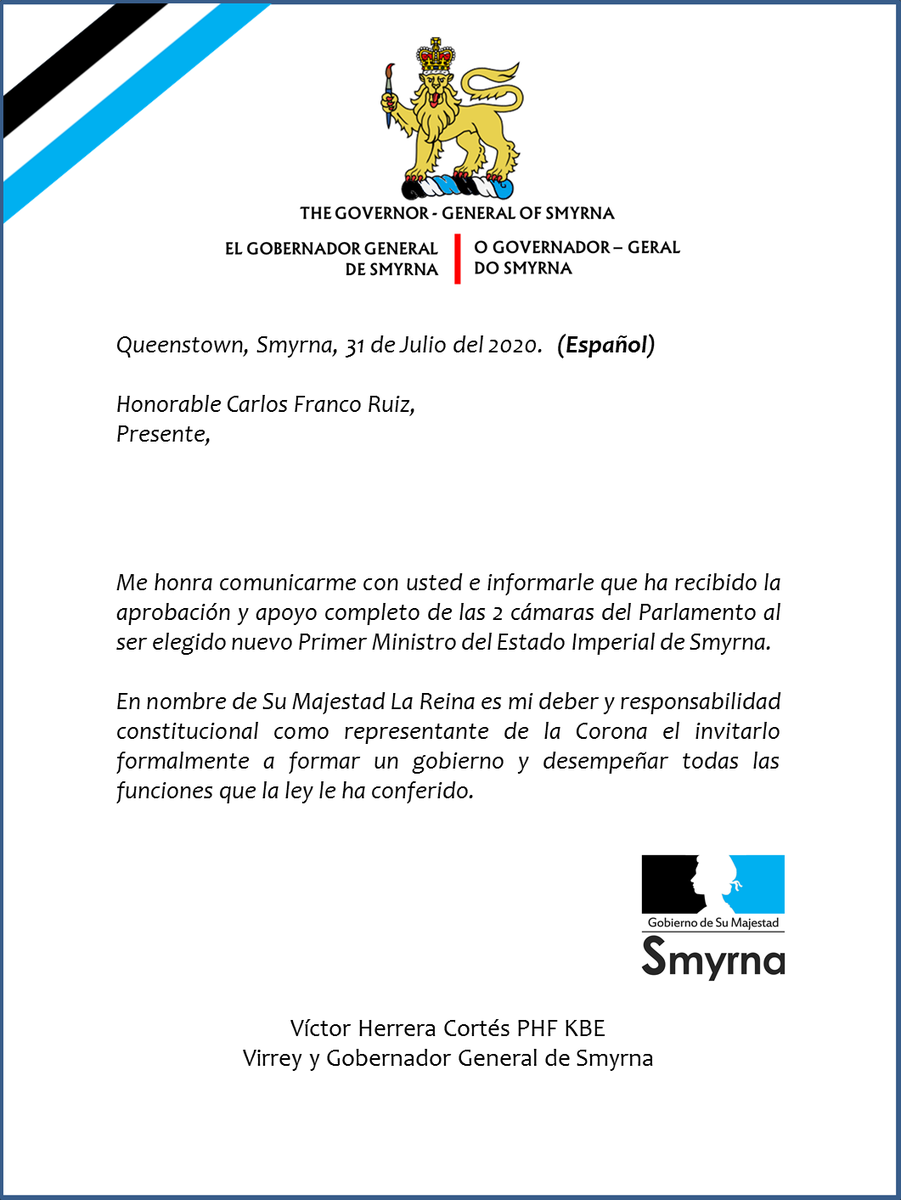 SmyrnaGov's tweet photo. Beneplacito oficial e invitación a formar gobierno del Gobernador general @GGVictorHerrera  al nuevo Primer Ministro. @SmyrnaPM   (ESPAÑOL) https://t.co/DiPjdwoJS5