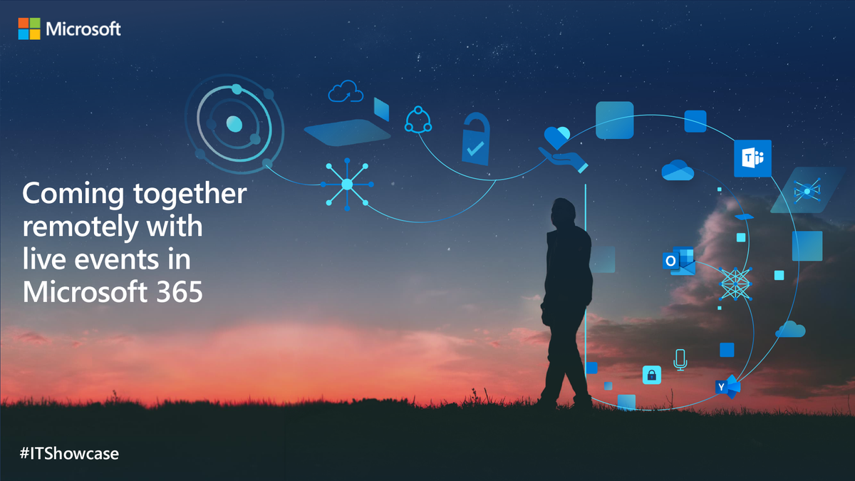 Text, "Coming together remotely with live events in Microsoft 365" with sunset and person silhouetted against it as background. 