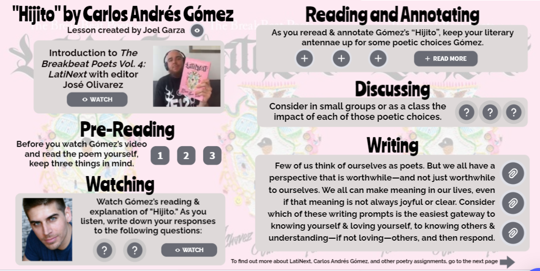Lyricalswordz's tweet photo. #THEBOOKCHAT has connected Latinx poets and teachers, and we're excited to bring you a series of poetry lessons on LatiNext. Today’s is on the poem “Hijito” by @CarlosAGLive &amp; was created by @JoelRGarza.

Lesson: https://t.co/u0CtPkXx9k

Interactive image: https://t.co/ee0PGVAU8l https://t.co/43jUUeJC01