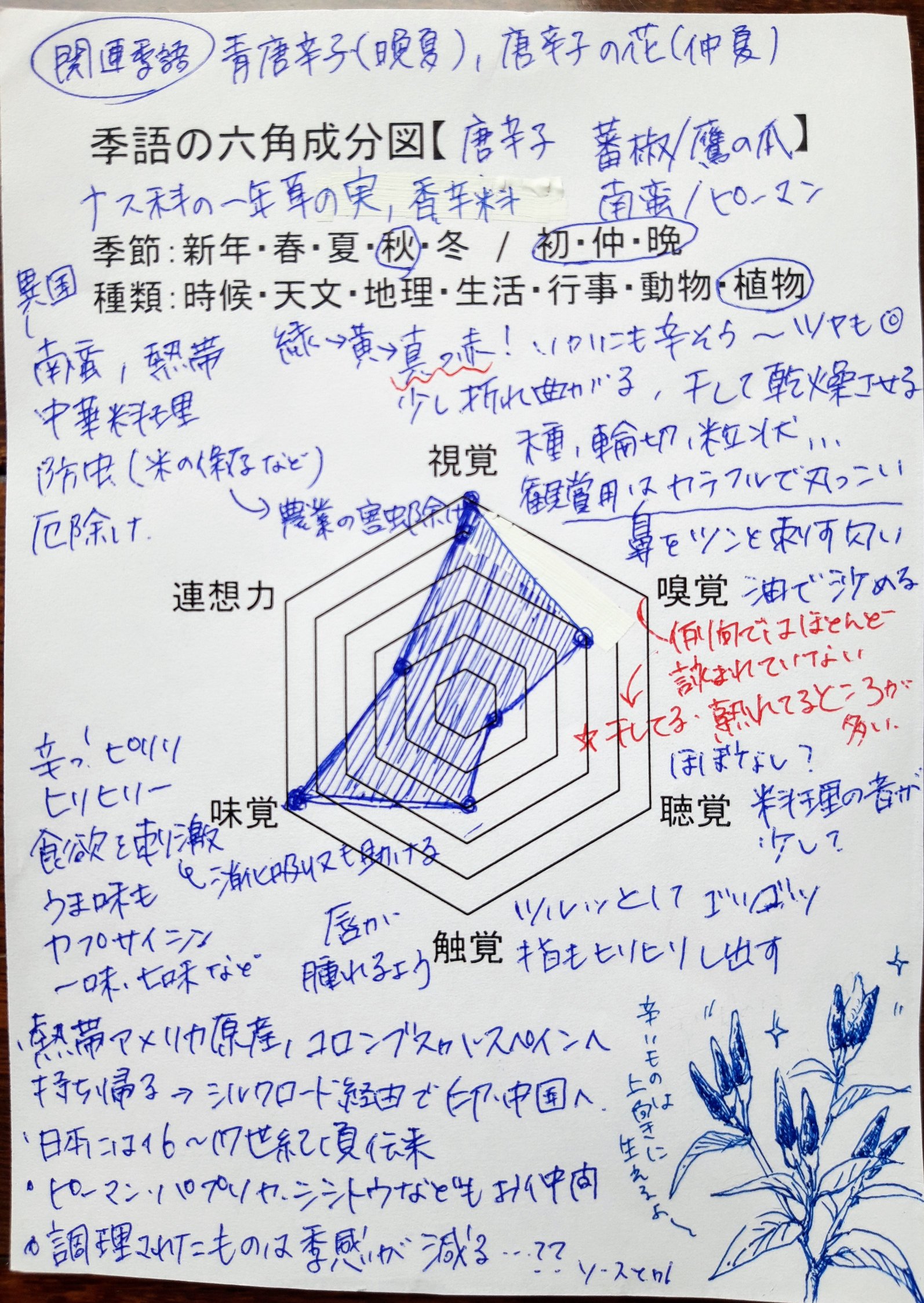 碧西里 季語六角成分図 唐辛子 第一に味覚 嗅覚でしょ と思っていたが 例句を見ると実が熟れた様 干している様を描写したものが多い 植物季語であり 調理や料理では季感が弱まるか 取り合わせの句では辛みが念頭にあるものも 唐辛子フォーに