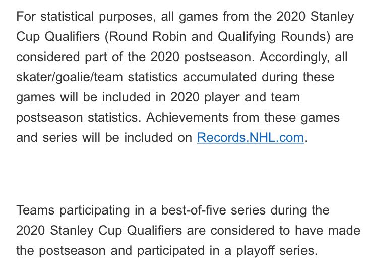 As a couple of people have asked, NHL clarified this week that qualifying-series games count as playoffs, and that all 24 teams are in the postseason. From league release: