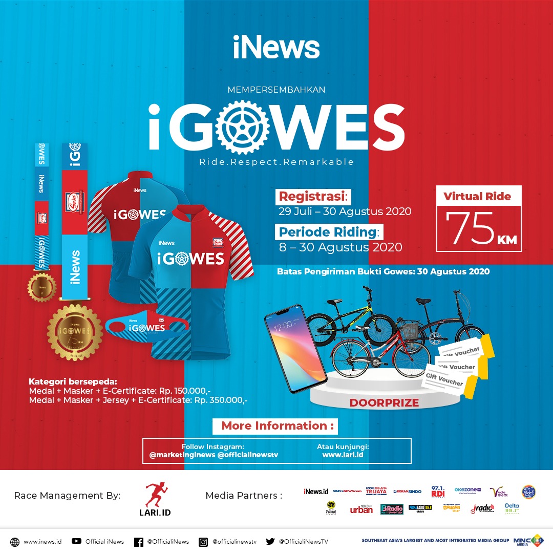 SeputariNews's tweet photo. Menyambut “HUT KEMERDEKAAN RI” ke-75, iNews mengajak pecinta sepeda untuk mengikuti event iGowes Virtual Ride, multiple ride 75K.
Untuk informasi lebih lanjut kunjungi https://t.co/UbHUd4fN6q
#igowesxsasa #igowes2020 #igowes75k #lariid #inews #gowesvirtual #gowesnusantara #ride https://t.co/7RTan1DwwI