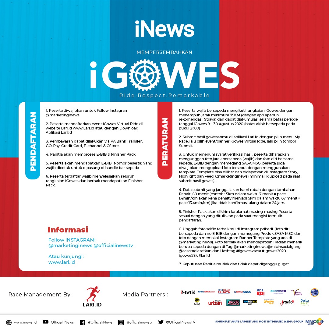 officialinews_'s tweet photo. Menyambut “HUT KEMERDEKAAN RI” ke-75, iNews mengajak pecinta sepeda untuk mengikuti event iGowes Virtual Ride, multiple ride 75K.
Untuk informasi lebih lanjut kunjungi https://t.co/5G32jkvqRy
#igowesxsasa #igowes2020 #igowes75k #lariid #inews #gowesvirtual #gowesnusantara #ride https://t.co/MrtnIT2lD2