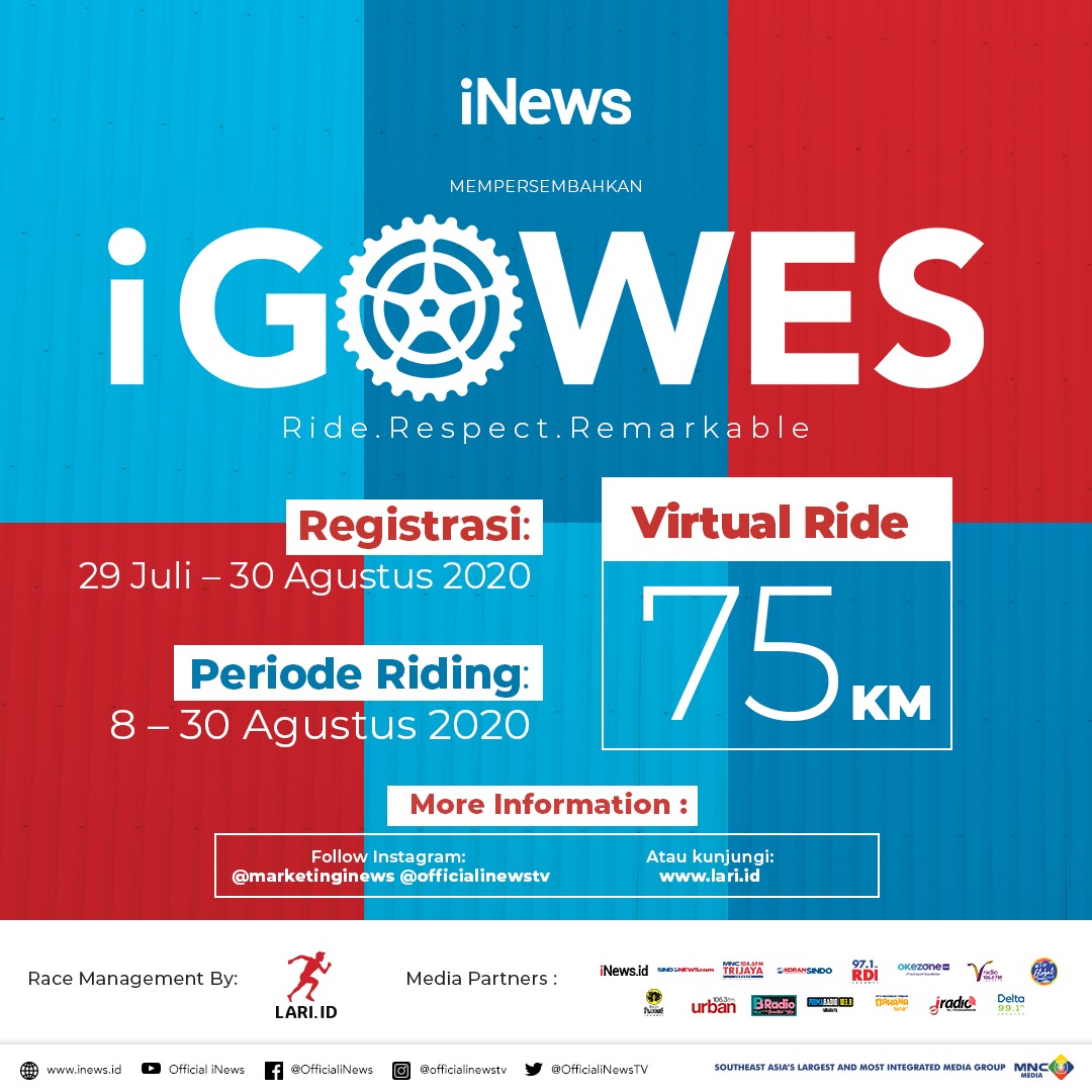 officialinews_'s tweet photo. Menyambut “HUT KEMERDEKAAN RI” ke-75, iNews mengajak pecinta sepeda untuk mengikuti event iGowes Virtual Ride, multiple ride 75K.
Untuk informasi lebih lanjut kunjungi https://t.co/5G32jkvqRy
#igowesxsasa #igowes2020 #igowes75k #lariid #inews #gowesvirtual #gowesnusantara #ride https://t.co/MrtnIT2lD2