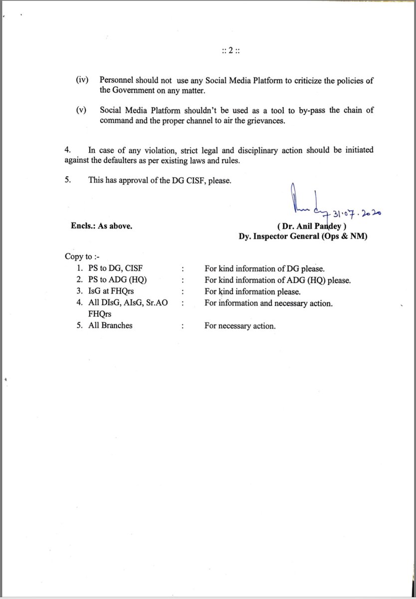 Guidelines on use of Social Media by members of CISF (CAPF):

Clearly prohibits use of anonymous/pseudonymous Id, criticism of govt policy &amp; grievance airing on SM.

There are many fake handles vitiating camaraderie and discipline of forces. Hope this will curb nasty tendencies.
