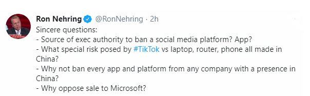 Saking anehnya kelakuan Trump, elite Republican sdh mulai mempertanyakan: Apa kewenangan Trump ban Tiktok? Kenapa melarang penjualan ke Microsoft?Setiap org yg bisa mikir akan mencium bau busuk disini.