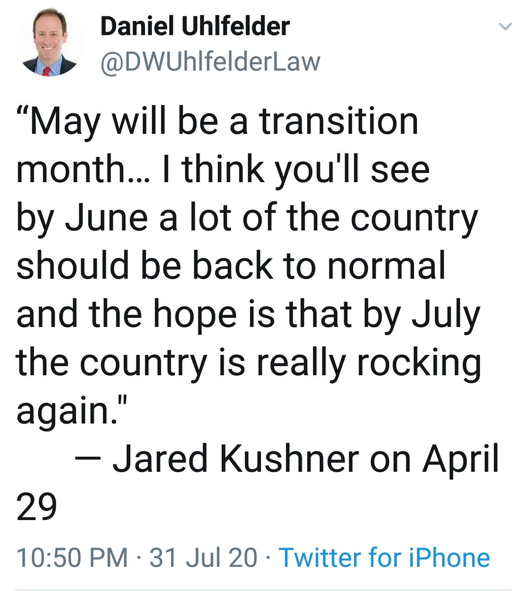 Adding to my threadFor the end of the day July 31Remember this quote, and there's a video of it too, from  #JaredKushner Well it's now the end of July, and things are worse than ever...except in the  #Northeast regionYou know...that area with many  #BlueStates #CoronaVirus