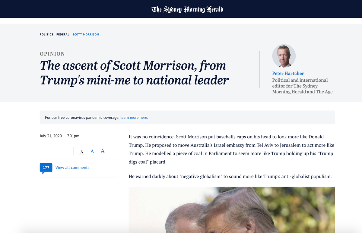 This is how Scott Morrison's comms team works - eg  #ScottyTheSaviourKeep repeating the narrativeGet middle of the road media to normalise it (PM has to race back to Canberra to save Victoria, etc, etc)Then journos like Peter Hartcher consume the subliminal messagingVoila