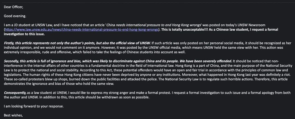 In the letter from CCP support, it aruges  @UNSW shall not hold a position on HK’s human rights crisis by promote the article with official twitter account.So now  @UNSW deleted the tweet of article & took down it briefly before change it from general news to business law.