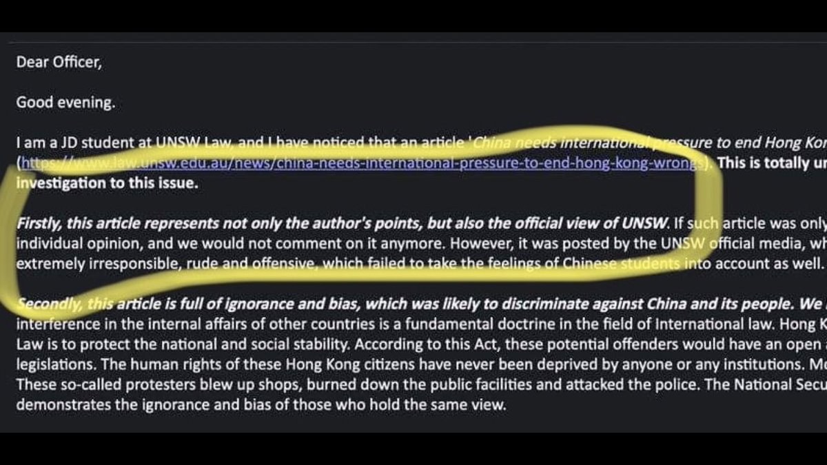 In the letter from CCP support, it aruges  @UNSW shall not hold a position on HK’s human rights crisis by promote the article with official twitter account.So now  @UNSW deleted the tweet of article & took down it briefly before change it from general news to business law.