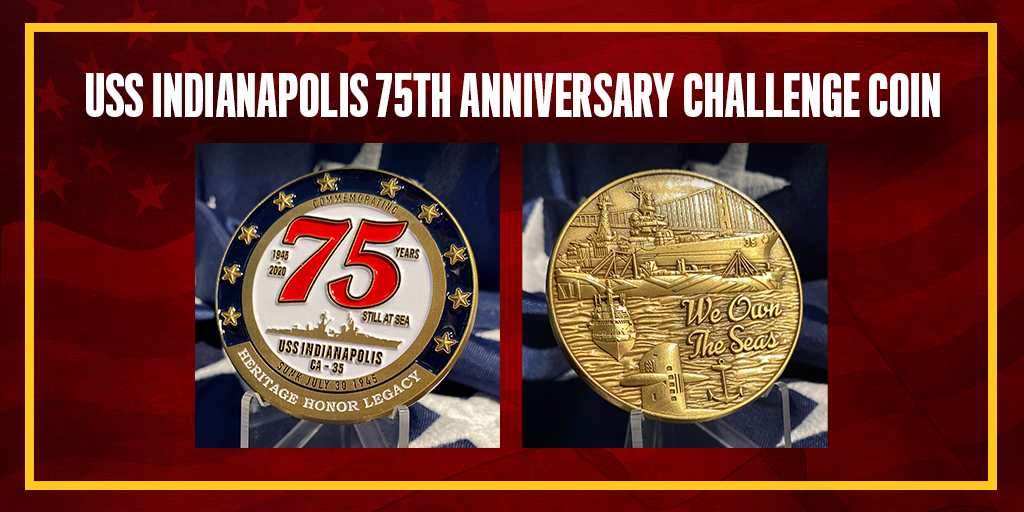 USSIndyOfficial's tweet photo. The #USSIndy 2020 Challenge Coin reflects a story that will continue without end. The dark blue ¾ circle represents the portion of the crew lost at sea &amp; the gold ¼ circle symbolizes the portion who survived. Discover all reunion merch here: https://t.co/YXfH9TaKBq. https://t.co/kK7SBZ5OWr