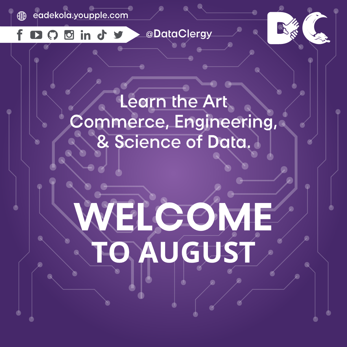 DataClergy's tweet photo. Welcome to August!

We will be having two major hangouts this month with weekly tips for data professionals.

Keep learning and sharing. Happy new month! https://t.co/fv49dWliOJ