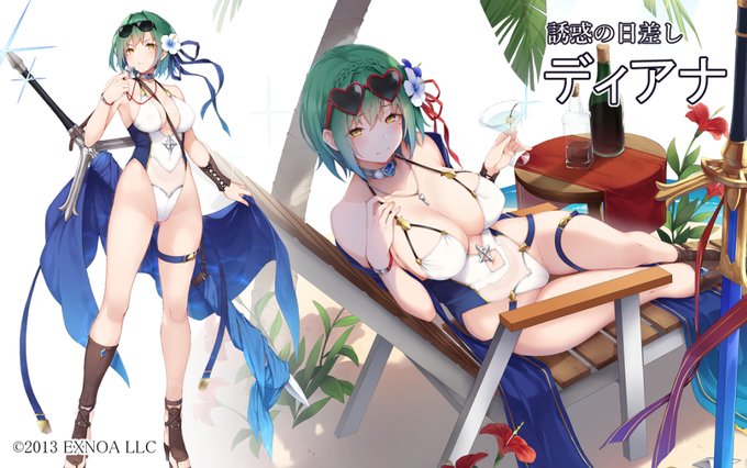 【宣伝】というわけで、DMMGAMES『千年戦争アイギス』で先日実装された「誘惑の日差し ディアナ」のイラスト担当させていただきました! 水着キャラお仕事で描くの初めてでした(*^_^*) #千年戦争アイギス 